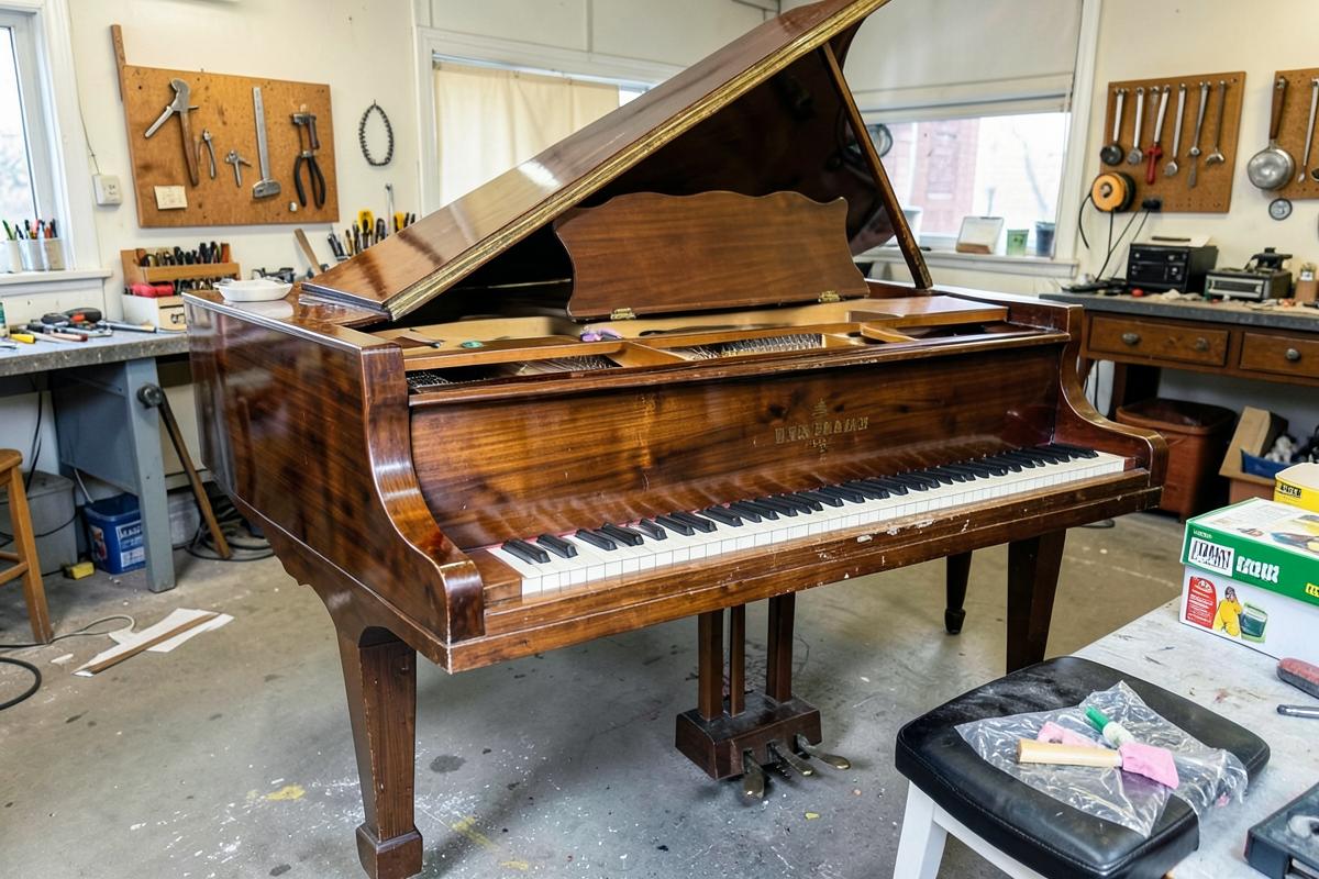 Antique grand piano undergoing case refinishing in a restoration workshop