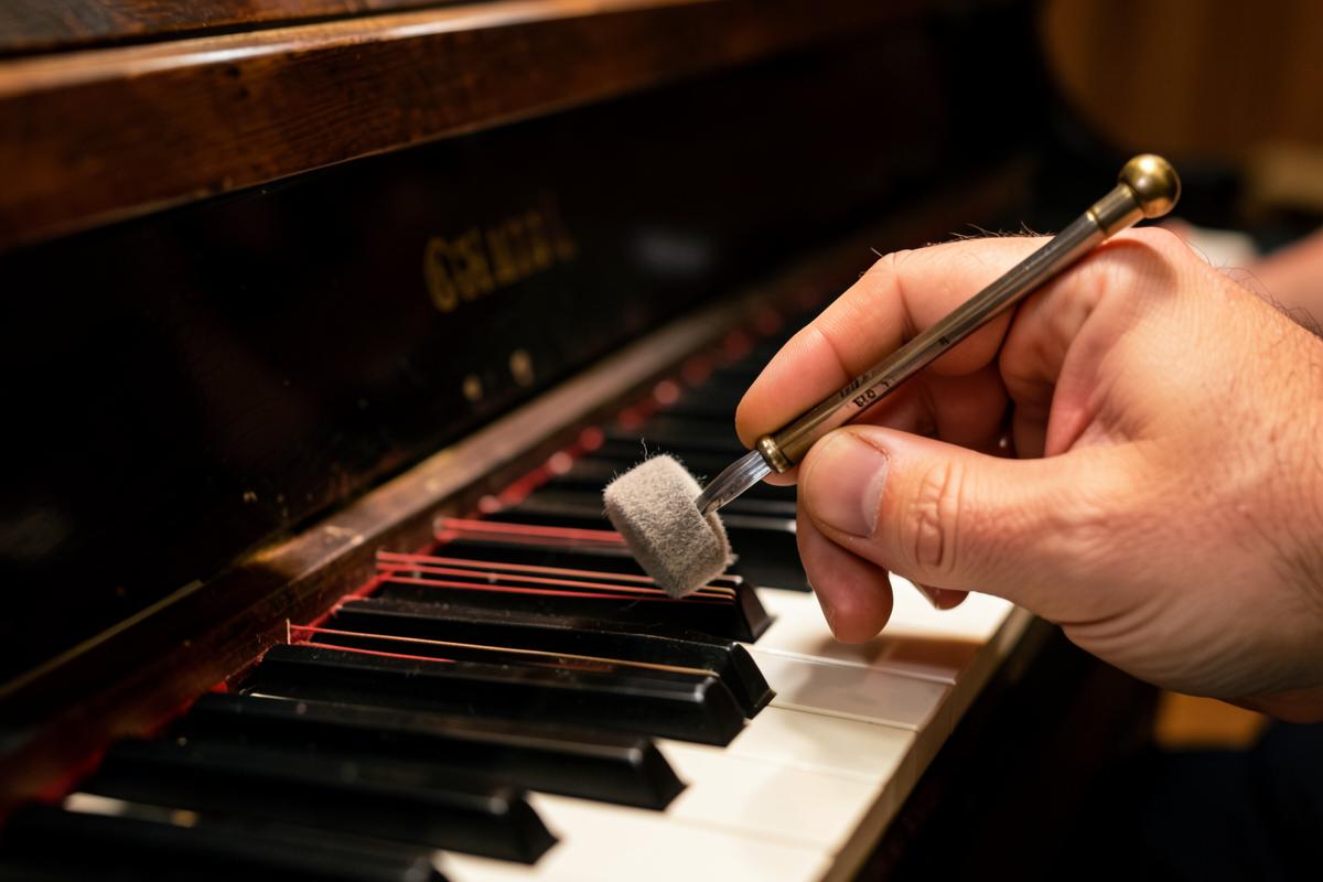 Piano technician tuning strings with a tuning lever and felt mute